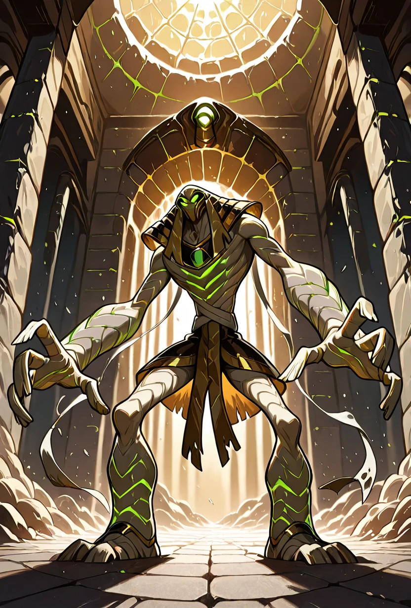 <lora:snareoh-07:1> snareoh, solo, male focus, no humans, 1boy, glowing eyes, green eyes, brown helmet, monster, mask, egyptian clothes,mummy bandages, mummy, massive hands, Cartoon, dynamic pose, inside egytpian temple, acient ruins,, masterpiece, best quality, amazing quality, very aesthetic, absurdres, newest,