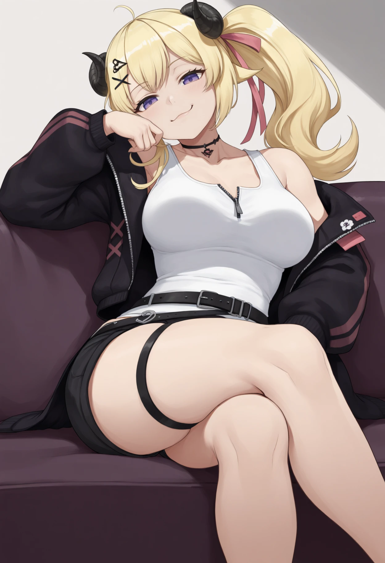 masterpiece, best quality, 1girl, solo, W4tameCncrt, horns, blonde hair, purple eyes, long hair, side ponytail, hair ribbon, x hair ornament, black choker, white tank top, zipper, black jacket, open jacket, black belt, black shorts, thigh strap, lounging, on couch, relaxing, crossed legs, looking at viewer, head tilt, smug, <lora:ChamTsunomakiWatameNoob:1>
