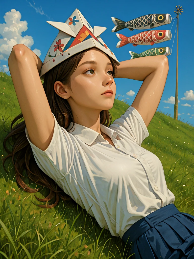 ((((lying on back)))), koinobori, windsock, kodomo no hi, 1girl, solo, skirt, shirt, long hair, white shirt, sky, grass, blue sky, short sleeves, collared shirt, brown hair, blue skirt, pleated skirt, day, profile, hat, cloud, from side, outdoors, floating hair, grassy slope, paper kabuto, paper hat, sky focus, looking up, head back, leanaing back, arms behind head, feet out of frame, <lora:koinobori_ilxl:1>