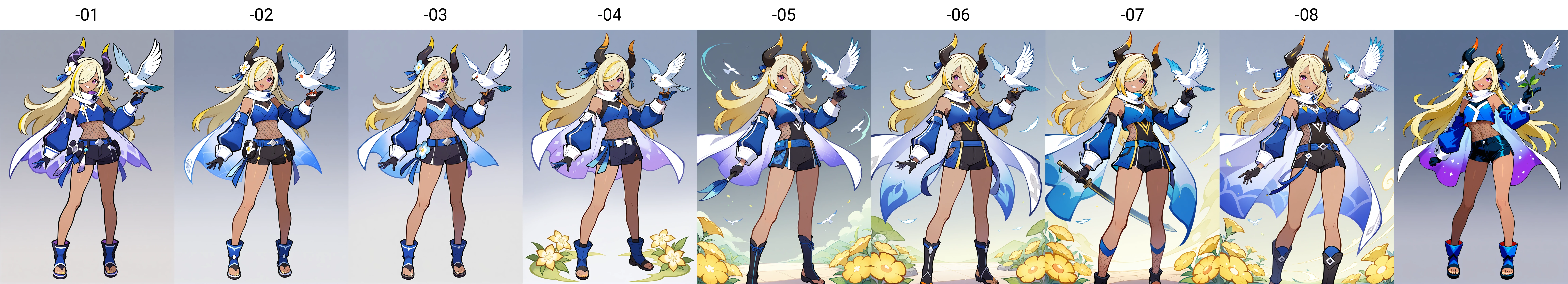 <lora:GITCG-01:1> gi-tcg, 1girl, bird, blonde hair, blue jacket, cape, closed mouth, cropped shirt, dark skin, day, detached sleeves, dress, fish, fishnets, flower, gloves, grey background, hair ornament, hair over one eye, holding, horns, long hair, long sleeves, looking at viewer, ninja, open mouth, pokemon \(creature\), purple eyes, red eyes, ribbon, short shorts, shorts, sleeve cuffs, smile, standing, streaked hair, teeth, toeless footwear, two-sided fabric, white bird, white cape