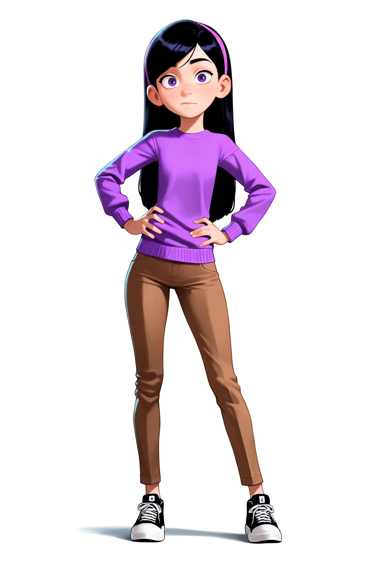 best quality, amazing quality, very aesthetic, absurdres,
1girl, violetparr, black hair, long hair, hairband, purple eyes,
purple sweater, brown pants, sneakers,
full body, hands on hips, looking at viewer, solo, simple background, white background <lora:VioletParrNoobXL_byKonan:1>
