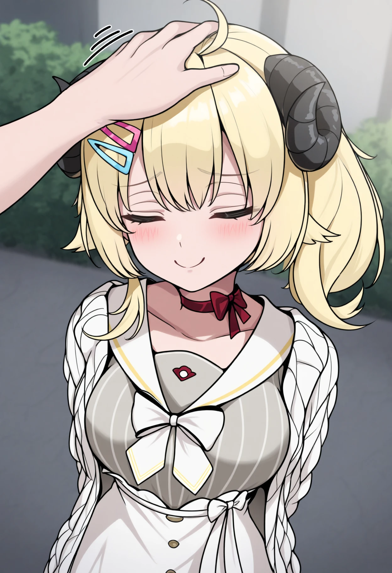 masterpiece, best quality, 1girl, solo, W4tameCas, horns, blonde hair, ahoge, side ponytail, short hair, two-tone hairclip, yellow hairclip, pink hairclip, vertical-striped dress, grey dress, white skirt, high-waist skirt, white sailor collar, red choker, white bow, white cardigan, headpat, pov hands, eyes closed, blush, smile, smug, outdoors, <lora:ChamTsunomakiWatameNoob:1>
