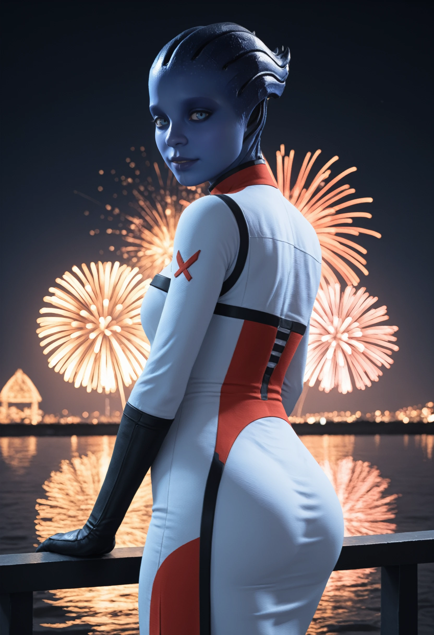 masterpiece, best quality, amazing quality, very aesthetic, absurdres, newest,
<lora:ILMEALexi:1.0>
MEALexi, 1girl, blue skin, blue eyes, alien, looking at viewer, from behind, cowboy shot, dress, looking back, fireworks, at night