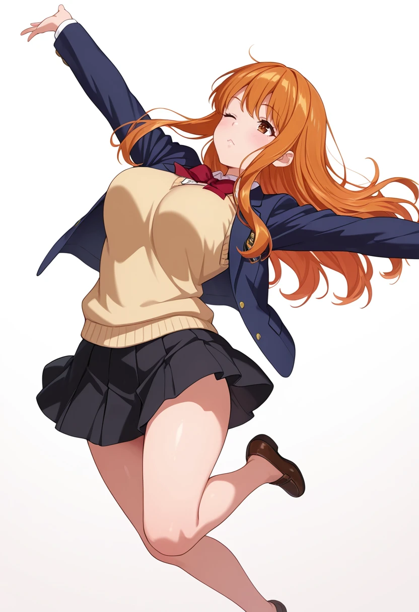1girl, good anatomy, masterpiece, best quality,realistic, hyperrealistic, 16k hdr,, perfect face, nice eyes and face, textured skin, absurdres, highres, wzhakufu, long hair, magatama earrings, , red ultra miniskirt, pleated skirt, large breasts, antenna hair, orange hair, aqua eyes, sweater vest, standing,happy smile, outdoors,school background, (skirt lift herself,strong wind:1.2), levitation hair, natural light,erected nipples,from below,(no panties:1.3),spread legs,navel,(sexy pose:1.2)
