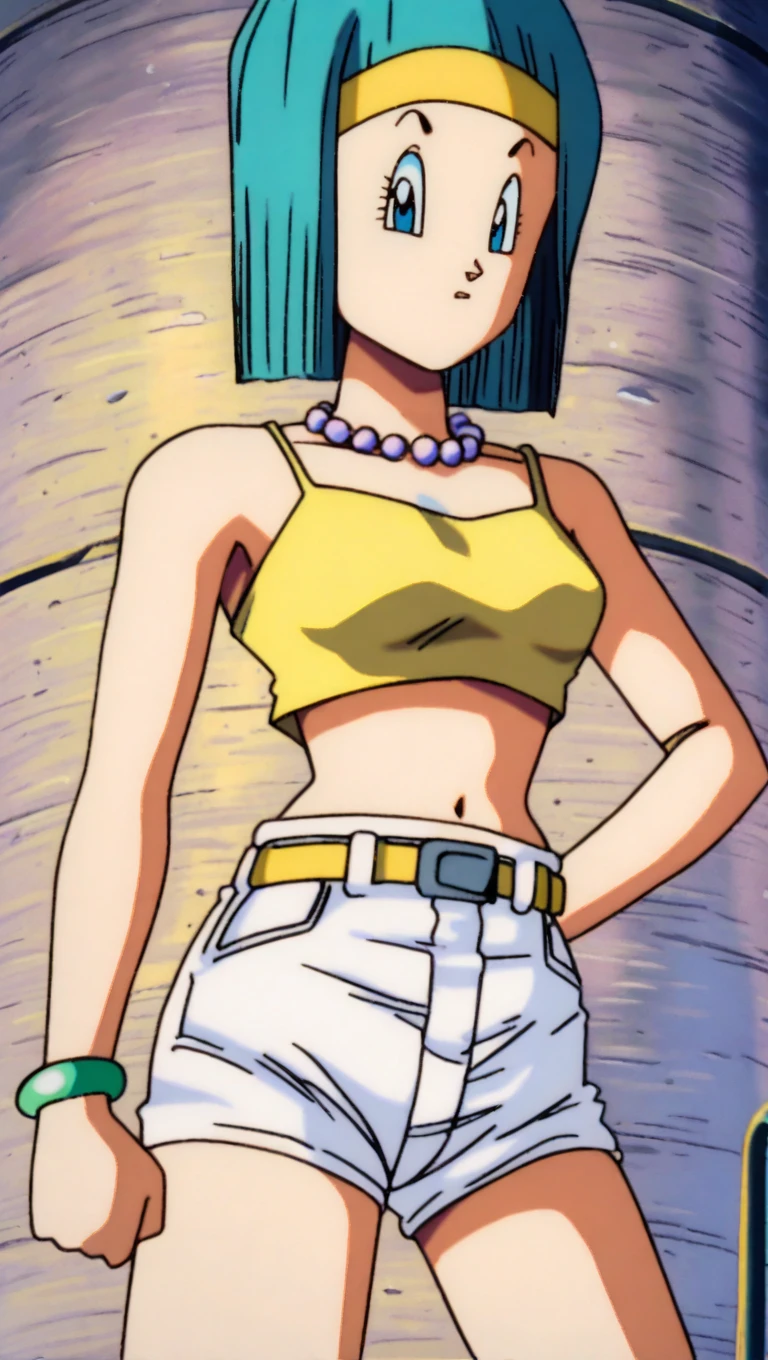 A sexy woman, sensual, beautiful beauty, big breast, short orange hair, squares her brown eye, wearing a green bra and dark green metallic pants, green heels, and a yellow glove.