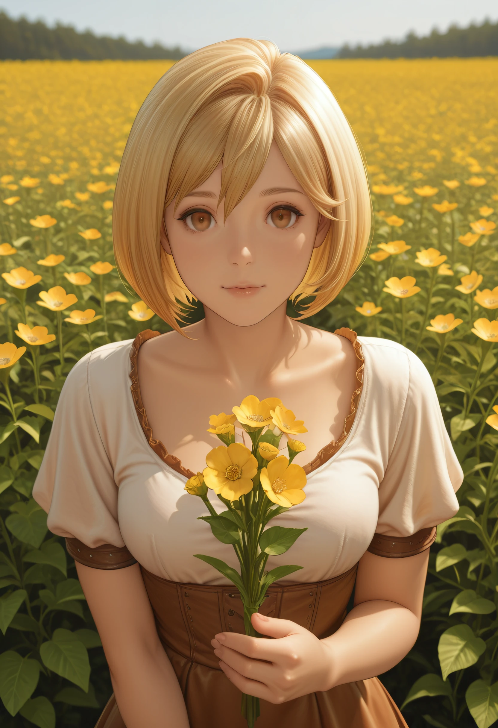 (masterpiece:1.3),(highly detailed:1.3),(highres:1.1),best quality,Ultra-detail,1girl,solo, strawberry blonde hair, chic Bob hairstyle,cream yellow off-shoulder knit sweater dress, cleavage, sunflower headband, garden background,looking at viewer,