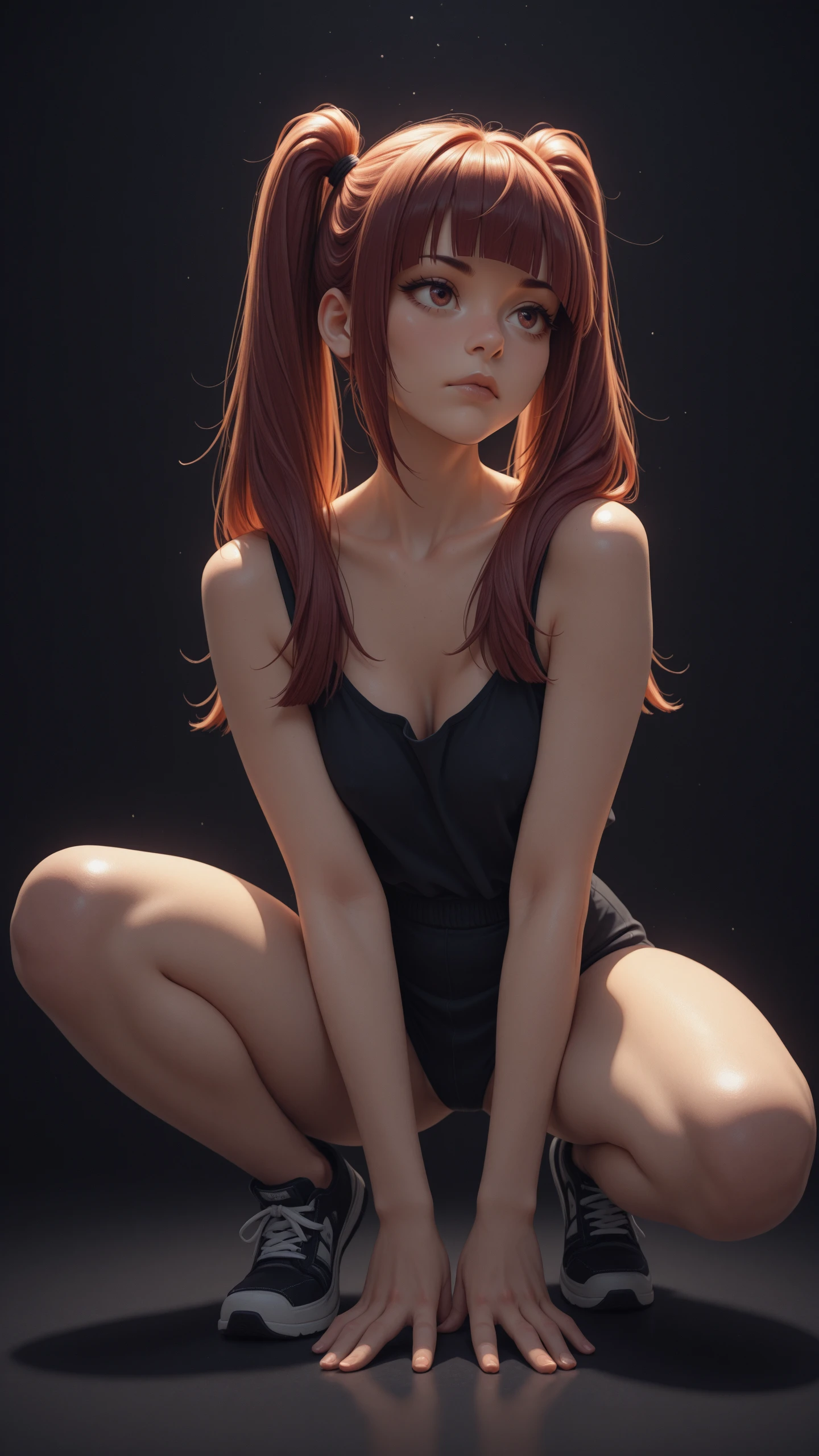high_quality, highres, detailed, (masterpiece, best quality:1.2), absurdres, 8k, HDR, a woman, wide_stance, three_quarter_view, twin ponytails, split bangs, black background,