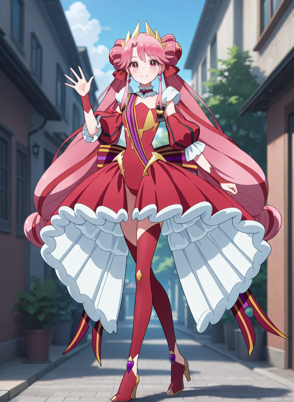 High quality,Ultra detailed,best quality,insanely detailed,beautiful,masterpiece,absurdres,very aesthetic,general BREAK
<lora:shirube_kagari_V1_NOOB:1>,(princess zeal, magical girl, pink hair, very long hair, double bun, twintails, hair ornament, pink eyes, red leotard, red sleeves, detached sleeves, jewelry, puffy sleeves, hair ribbon, bow,back bow,earrings,high heel boots,red skirt,red thigh boots,showgirl skirt,thigh boots),
1girl,solo,posing,
smile,walking,waving,outdoors,looking at viewer,