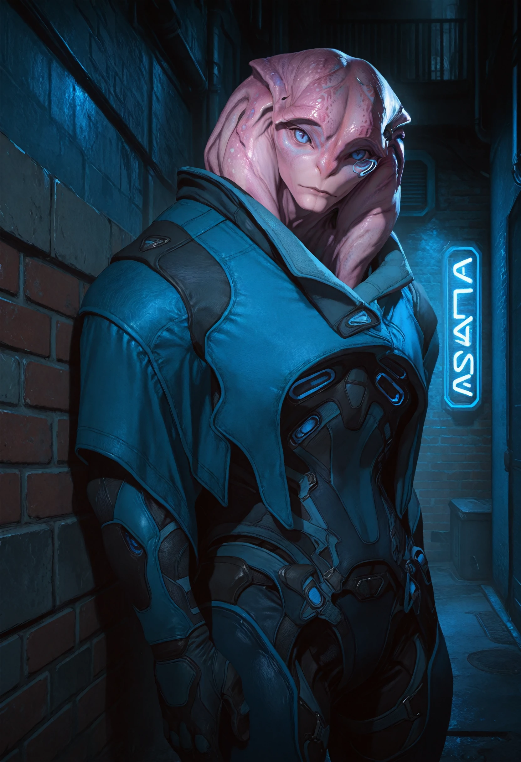 masterpiece, best quality, absurdres, highres, extremely high detail,
<lora:ILMEAJaal:1.0>
MEAJaal, 1boy, alien, pink skin, blue eyes, In a dimly lit urban alley, tailored black suit, ambient neon lights casting shadows, leaning confidently against a brick wall, cowboy shot