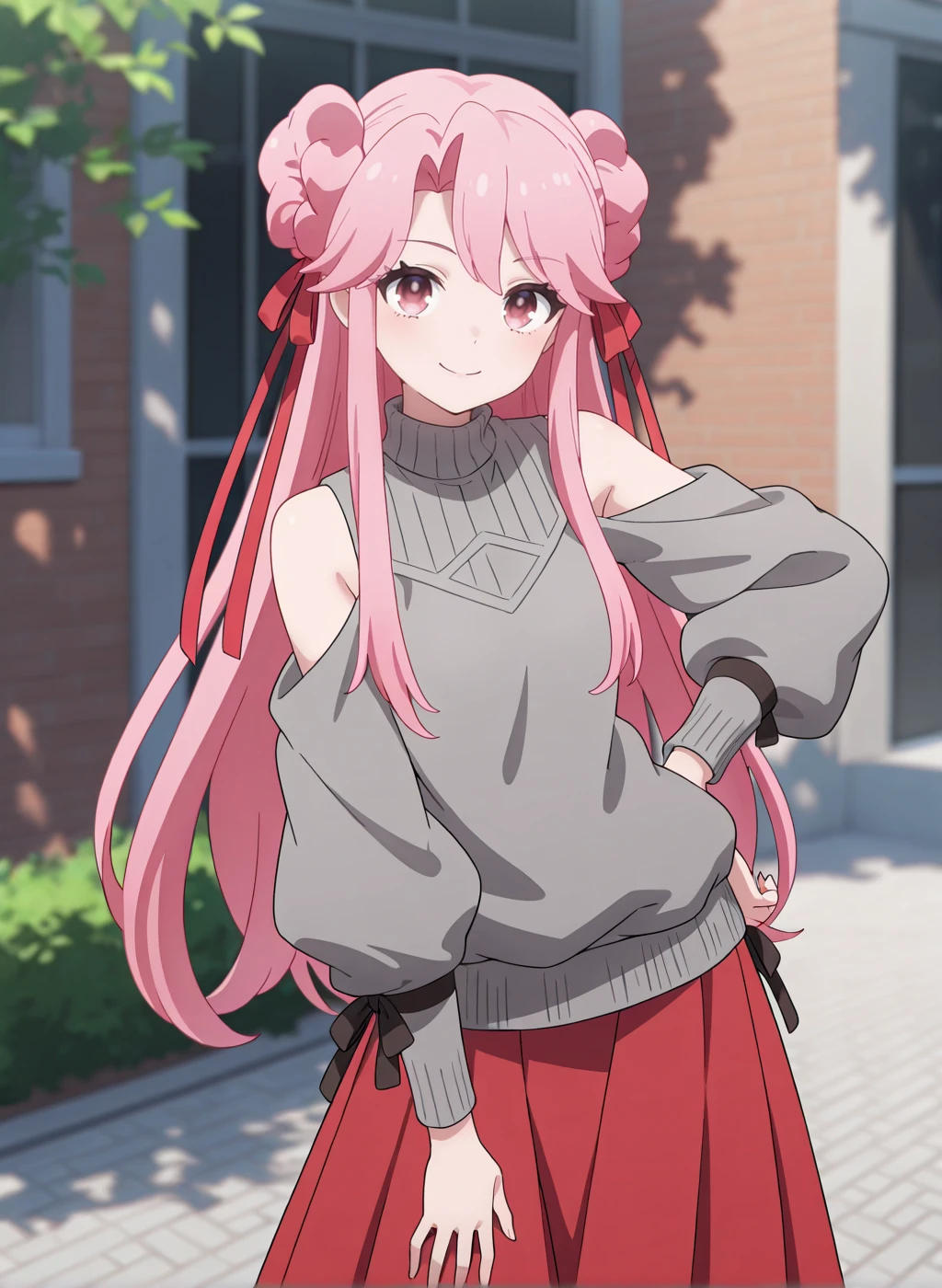High quality,Ultra detailed,best quality,insanely detailed,beautiful,masterpiece,absurdres,very aesthetic,general BREAK
<lora:shirube_kagari_V1_NOOB:1>,(shirube kagari,pink hair,very long hair,hair bun,hair ribbon,grey sweater,bare shoulders,shoulder cutout,red skirt,long skirt),
1girl,solo,posing,
smile,standing,outdoors,looking at viewer,