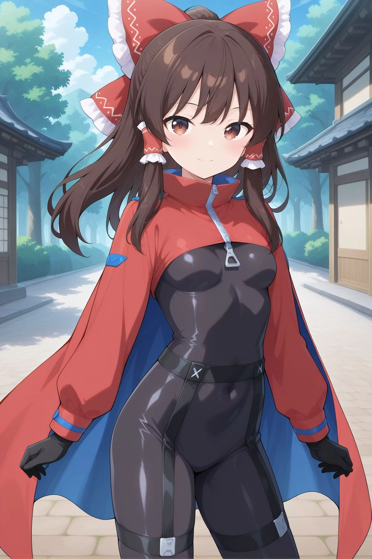 absurdres, highres, masterpiece, best quality, amazing quality, official anime artwork, screencap, anime screencap, outdoors, looking at viewer, light smile, dynamic pose, standing,
<lora:Reimu-Hakurei_IllustriousV2:1> hakurei reimu, 1girl, solo, brown eyes, brown hair, long hair, sidelocks, small breasts,, hair bow, hair tubes, frilled bow,
<lora:Rock_N_Rock_N_Beat-000019:1> rocknbeat-cosplay, alternate costume, red cape, red cloak, long sleeves, two-sided cape, blue cape, black bodysuit, black gloves, zipper, black garters,