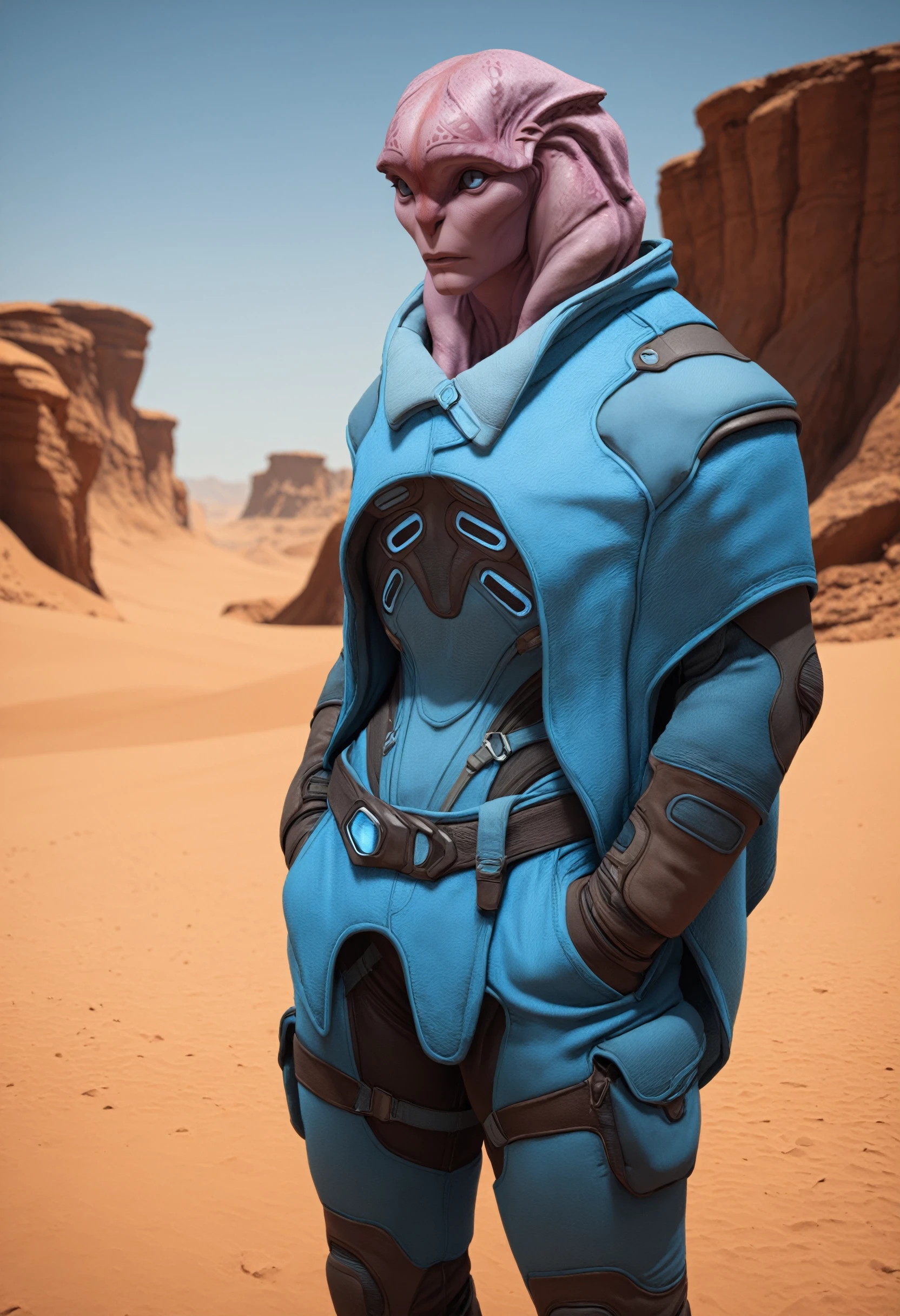 masterpiece, best quality, absurdres, highres, extremely high detail,
<lora:ILMEAJaal:1.0>
MEAJaal, 1boy, alien, pink skin, blue eyes, Desert canyon with dramatic lighting, rugged and grand, Hands in pockets