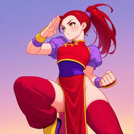 l muchacha, Pelo corto de color naranja, ojos rojos, Sonrisa confiada, Camiseta roja con lunares blancos, pantalones cortos azules, Guantes negros sin dedos, fondo azul
