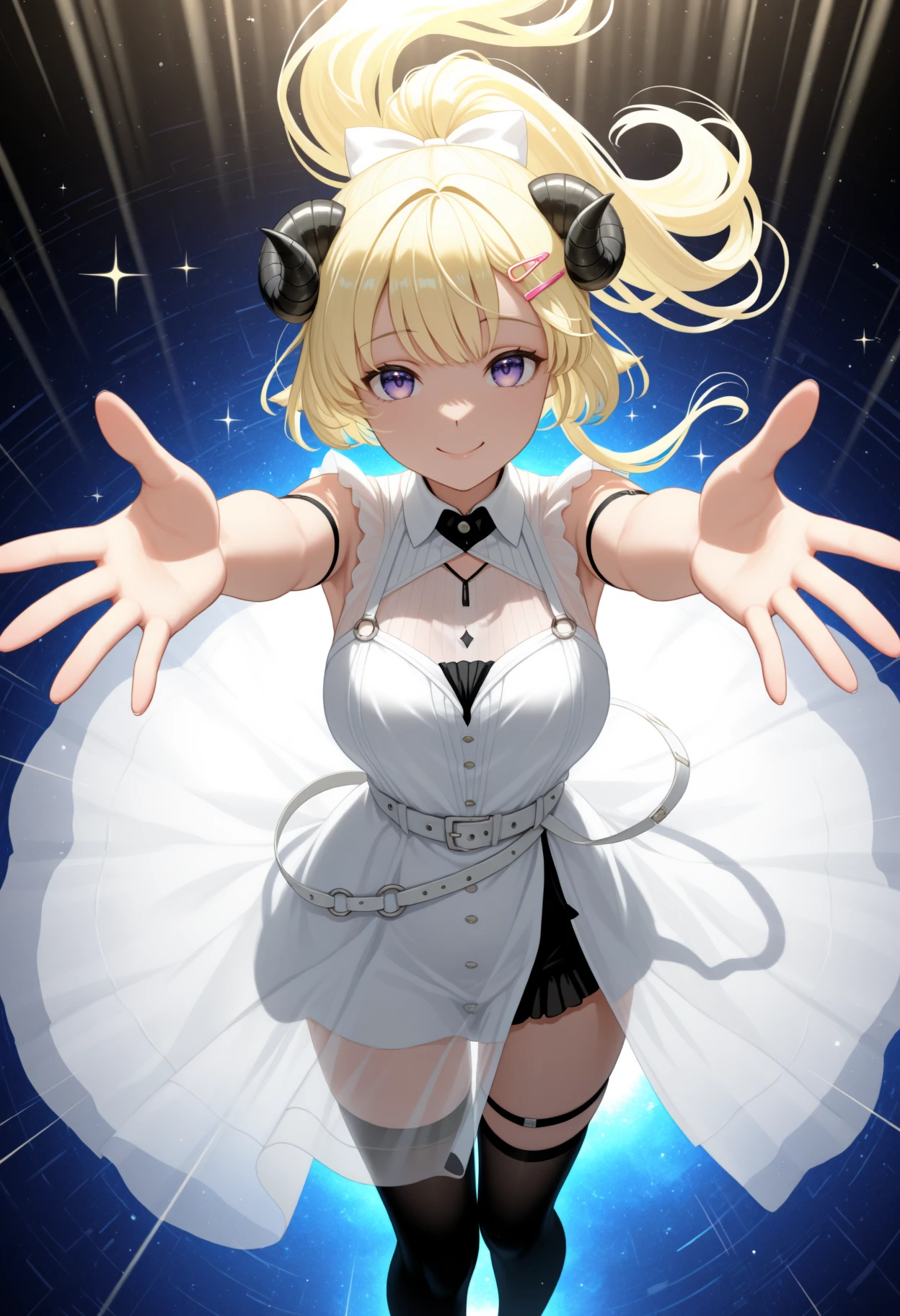 masterpiece, best quality, 1girl, solo, W4tameNghtFvr, horns, blonde hair, purple eyes, ponytail, micro hair bow, white bow, pink hairclip, white dress, sleeveless dress, white belt, see-through, arm strap, thigh strap, black thighhighs, from above, looking at viewer, incoming hug, reaching towards viewer, falling, abstract background, sparkle, flashes of light, light rays, backlighting, smile, on back, floating, <lora:ChamTsunomakiWatameNoob:1>