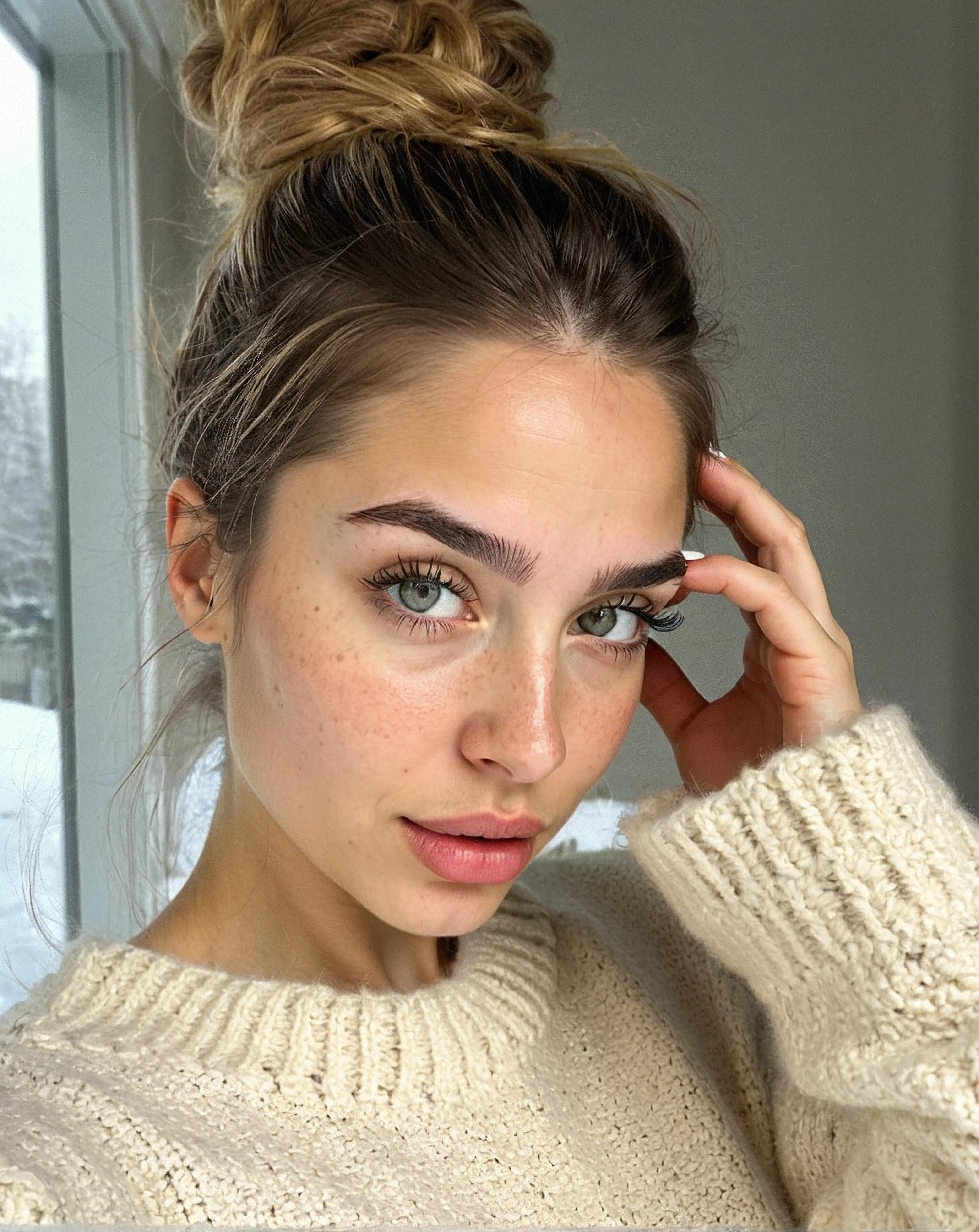 score_9, instagram photo, amateur, skin imperfections, skin pores, skin texture, photo of Freya Olsen, 25-year-old woman, from Norway, fair skin, light brown hair, messy bun, round face-shape, detailed face, blue-green round eyes, detailed eyes, wispy eyelashes, thin eyebrows, upturned nose, small lips, detailed mouth, soft cheekbones, soft jawline, 5"5 height, wearing a cream sweater, medium shot, mid-angle, centered composition, blurred snowy background, cool winter light, rule of thirds.
