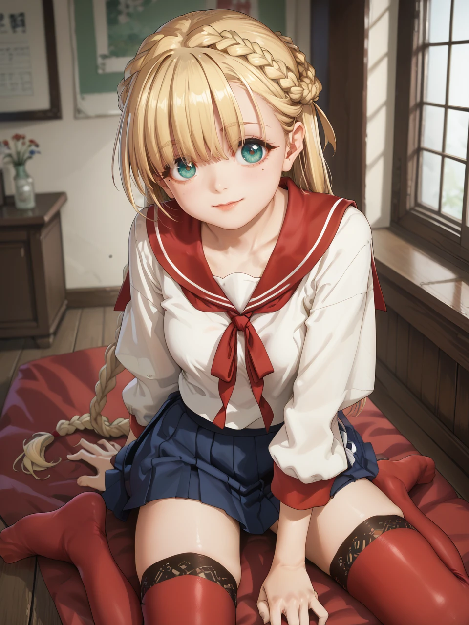 score_9, score_7_up, best quality, ultra-detailed, highres , 2d, 1girl,
solo, thighhighs, red sailor collar, hetero, skirt, mole under eye, braid, looking at viewer,
,aya shachou, <lora:Aya_Shachou pony:0.87>