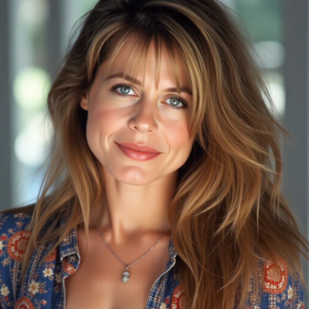 a portrait photograph of a beautiful ((40 year old)) woman, award winning photo, best quality, portrait by annie leibovitz, canon 5d mark ii, film, professional photograph, (rich colors:1.1), hyper realistic, lifelike texture, (natural lighting:1.1), (Canon EF 85mm f/1.4L IS USM)