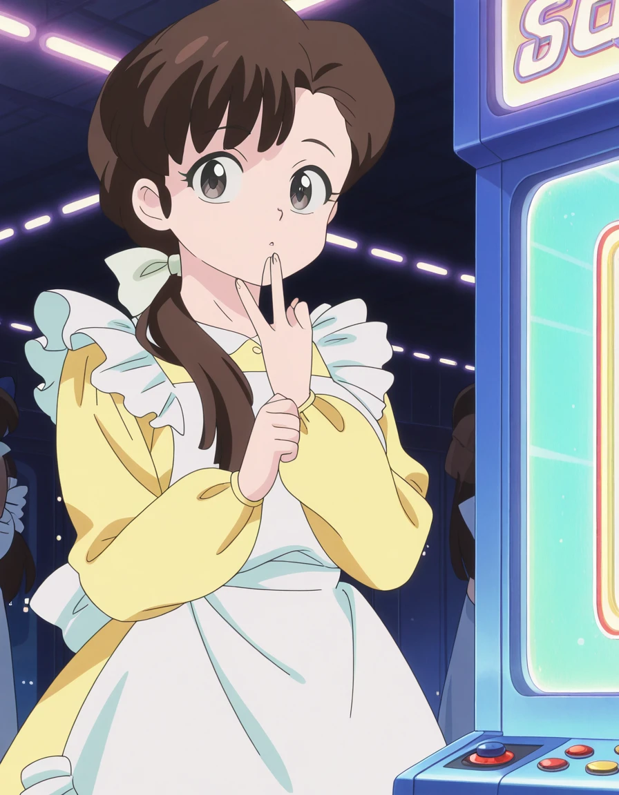 masterpiece, best quality, amazing quality,, <lora:kasumi-tendou-s1-illustriousxl-lora-nochekaiser:1>, kasumi tendou, tendou kasuma, long hair, hair bow, bangs, hair over shoulders, brown hair, brown eyes, white bow, mature female, medium breasts, anime screencap,, long sleeves, dress, yellow dress, apron, frills, frilled apron,, v,, arcade, games, lights, fun, retro, cowboy shot, solo, looking at viewer