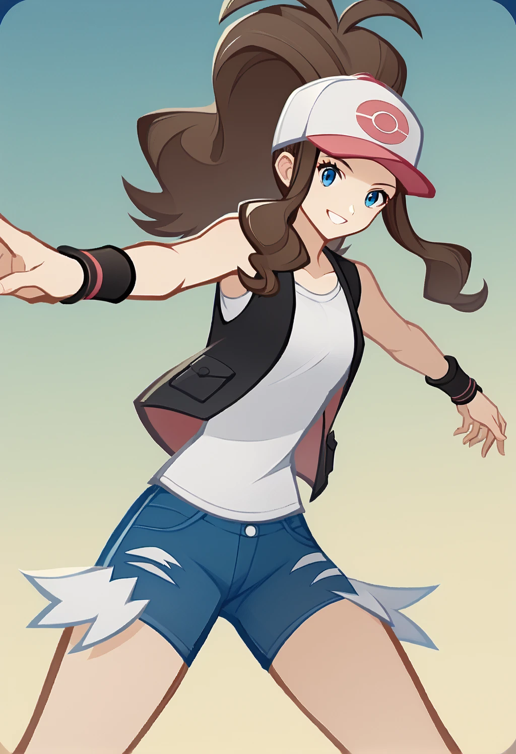 score_9_up, score_8_up, score_7_up, <lora:GITCG:1>, ((GI-TCG)), <lora:pokemon-hilda-ponyxl-lora-nochekaiser:1>, pokemonhilda, blue eyes, brown hair, long hair, ponytail, baseball cap, blue shorts, denim, hat, shorts, vest, wristband, sleeveless, black vest, white shirt, shirt, source_anime, dynamic pose, smile, best quality, absurdres