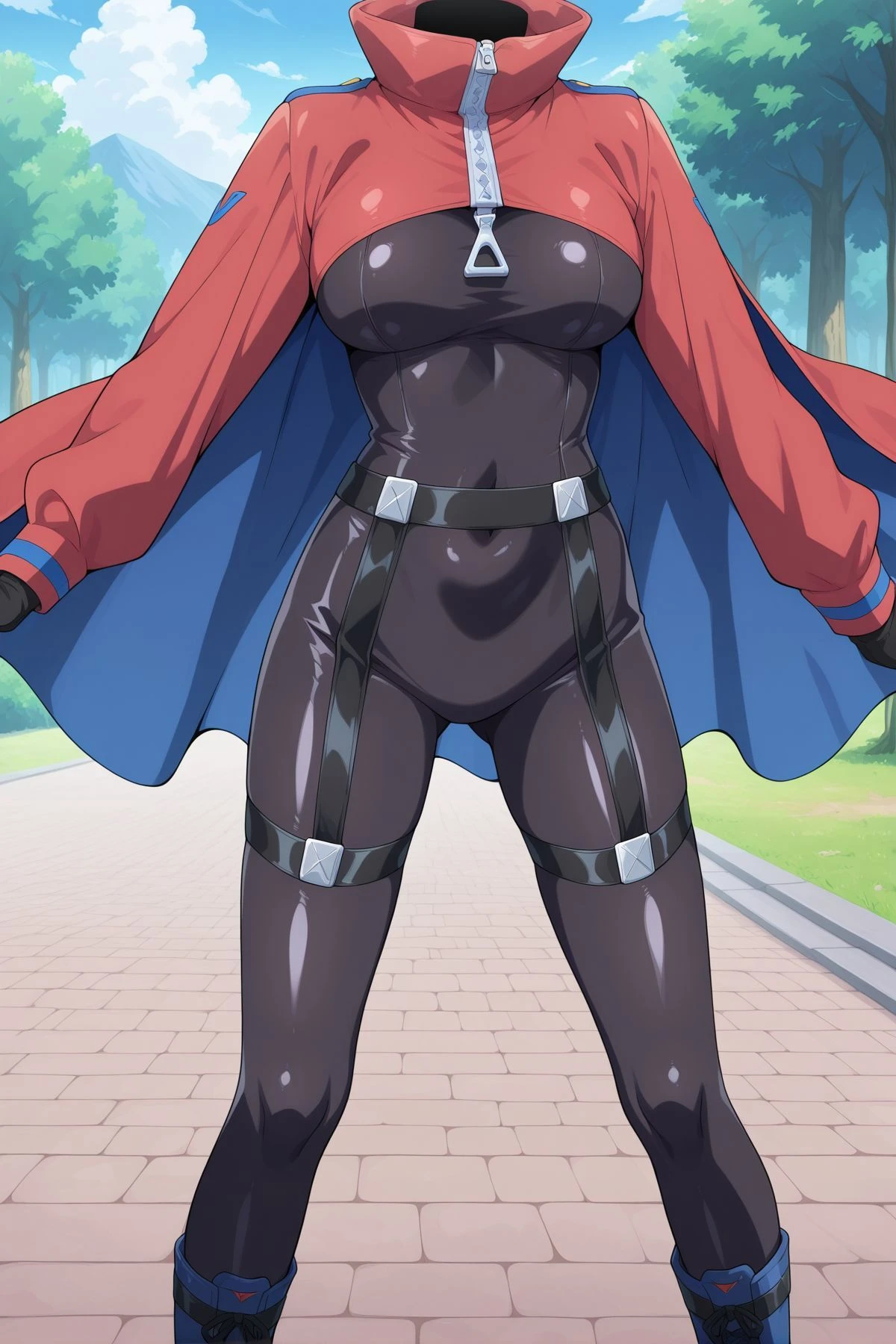 absurdres, highres, masterpiece, best quality, amazing quality, official anime artwork, screencap, anime screencap, outdoors, day, dynamic pose, standing,
<lora:Rock_N_Rock_N_Beat_Illustrious:1> rocknbeat-cosplay, alternate costume, red cape, red cloak, long sleeves, two-sided cape, blue cape, black bodysuit, black gloves, zipper, black garters,
headless,