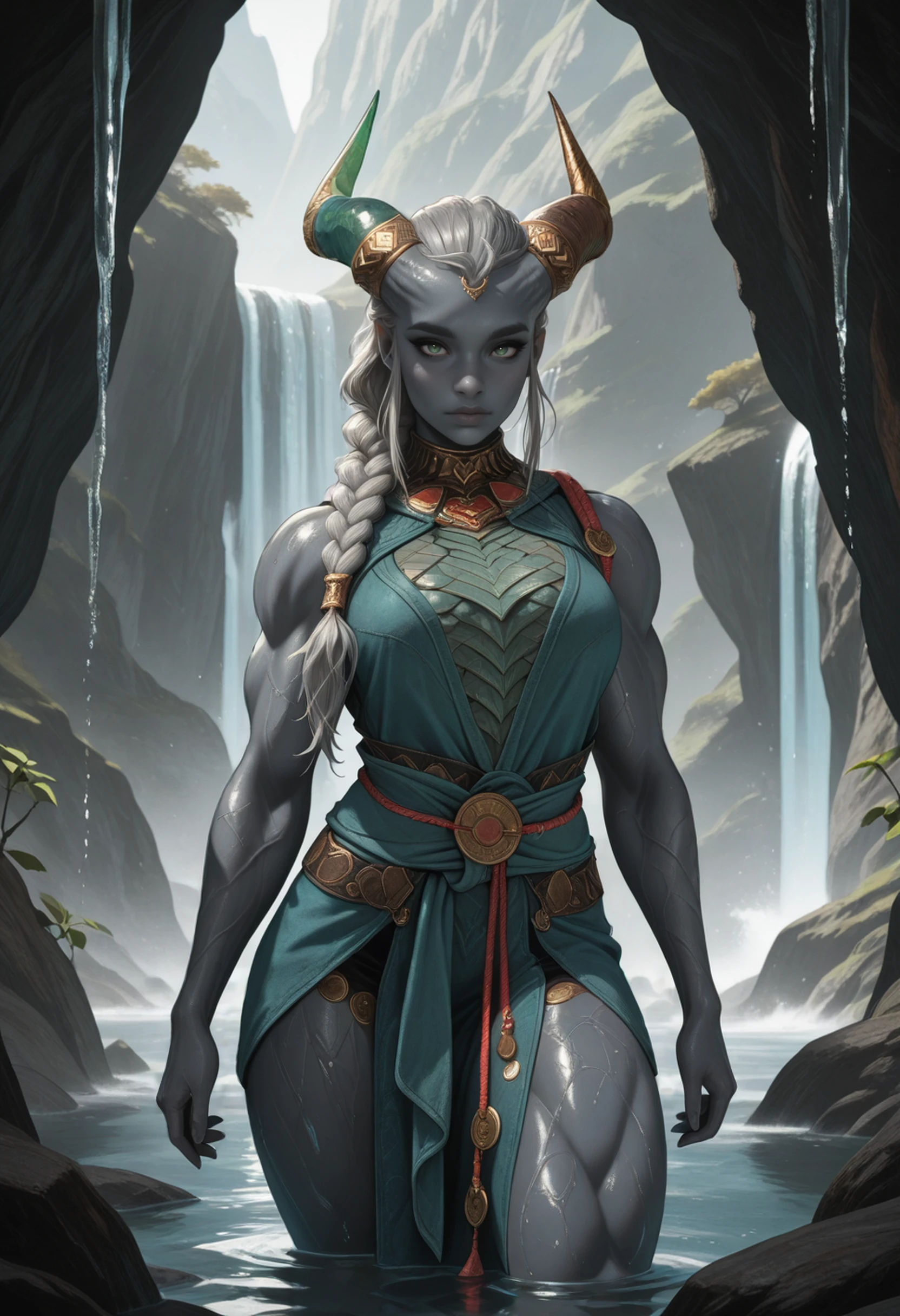 masterpiece, best quality, absurdres, highres, newest,
<lora:ILDVTaash:1.0>
DVTaash, 1girl, muscular female, gray skin, long hair, gray hair, braid, green eyes, horns, looking at viewer, in front of hidden mountain waterfall, morning, secluded and refreshing with soft morning light on cascading water