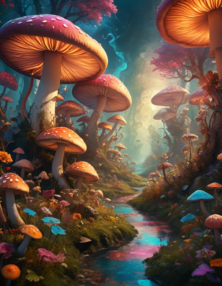A seductive landscape, surrounded by swirling magical energy, mushrooms, vibrant, colorful,  alicestyle, , <lora:AliceInWonderlandStyleV1:1.5>