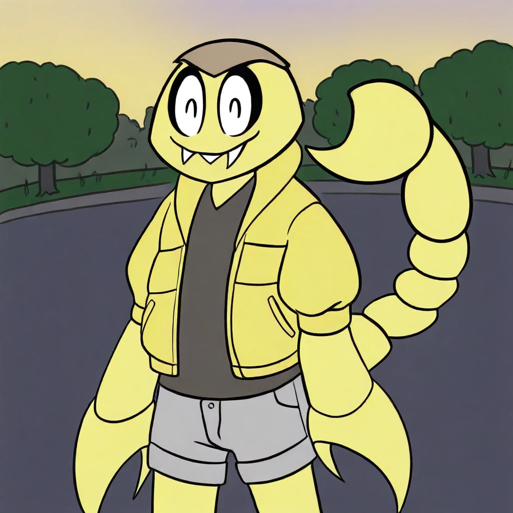 Anthro, scorpion, arthropod, scorpion tail, Solo, smile, fangs out, outside, at the park, casual clothes, Male, pincers, cargo shorts, pale yellow body, puffy jacket