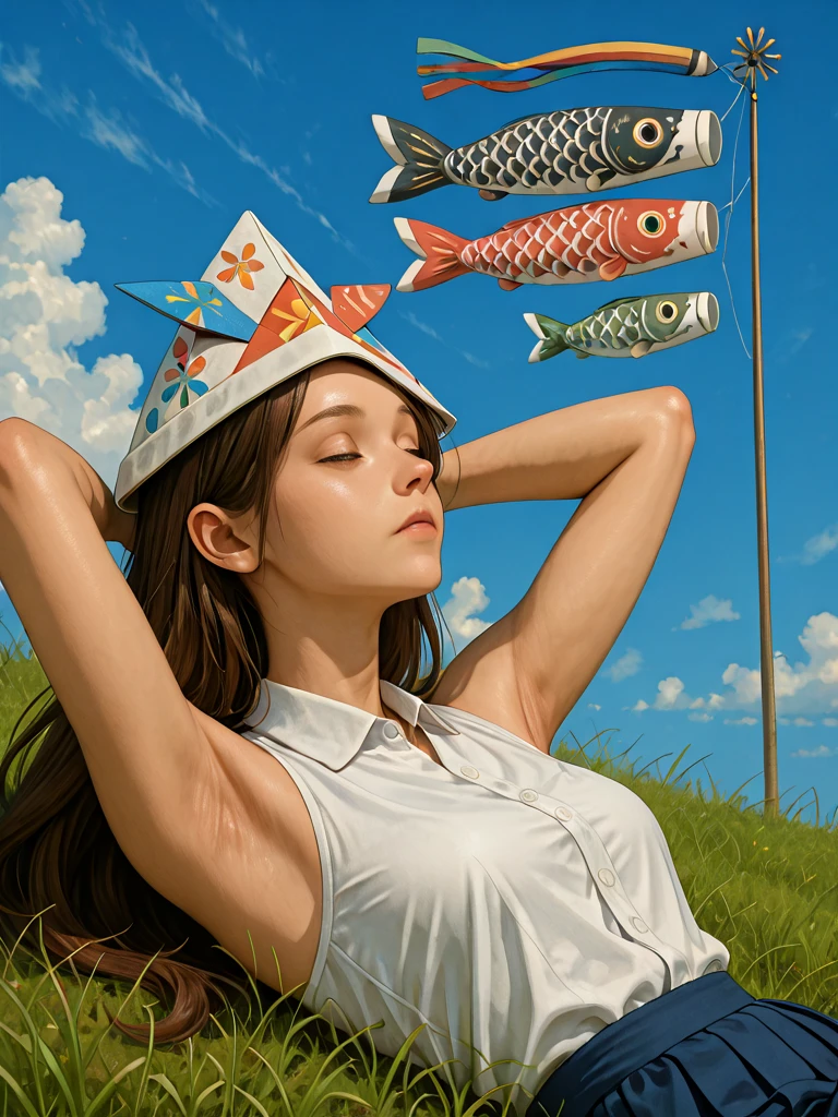 ((((lying on back)))), sleeping, half-closed eyes, thighs, sideboob, armpits, sleeveless, koinobori, windsock, kodomo no hi, 1girl, solo, skirt, shirt, long hair, white shirt, sky, grass, blue sky, collared shirt, brown hair, blue skirt, pleated skirt, day, profile, hat, cloud, from side, outdoors, floating hair, grassy slope, paper kabuto, paper hat, sky focus, looking up, head back, arched back, leanaing back, arms behind head, feet out of frame, <lora:koinobori_ilxl:1>
