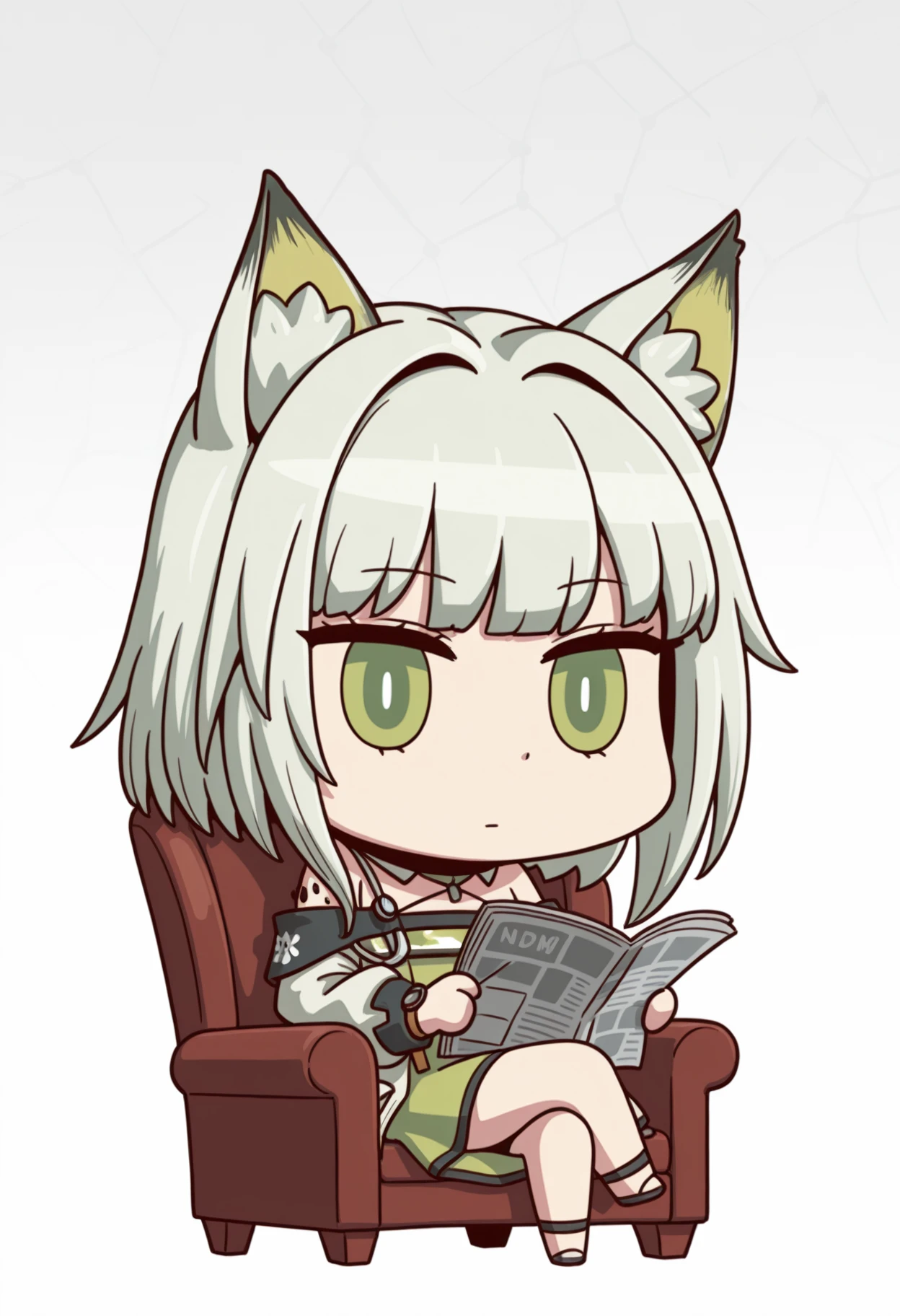 april fools, chibi,kal'tsit \(arknights\), 1girl, solo, short hair, long sleeves, dress, animal ears, closed mouth, bare shoulders, sitting, green eyes, white hair, grey hair, cat ears, off shoulder, animal ear fluff, chair, cat girl, crossed legs, bright pupils, white pupils, green dress, watch, off-shoulder dress, wristwatch, reading, on chair, oripathy lesion \(arknights\), armchair, newspaper, stethoscope, holding newspaper, simple background, white background, close-up, ((upper body)), masterpiece, best quality, ultra-detailed, highest quality, official art, absurdres, latest, very awa, very aesthetic, detailed shading, (detailed background, complex background), amazing quality, intricate, hyper-detailed, excellent, latest,