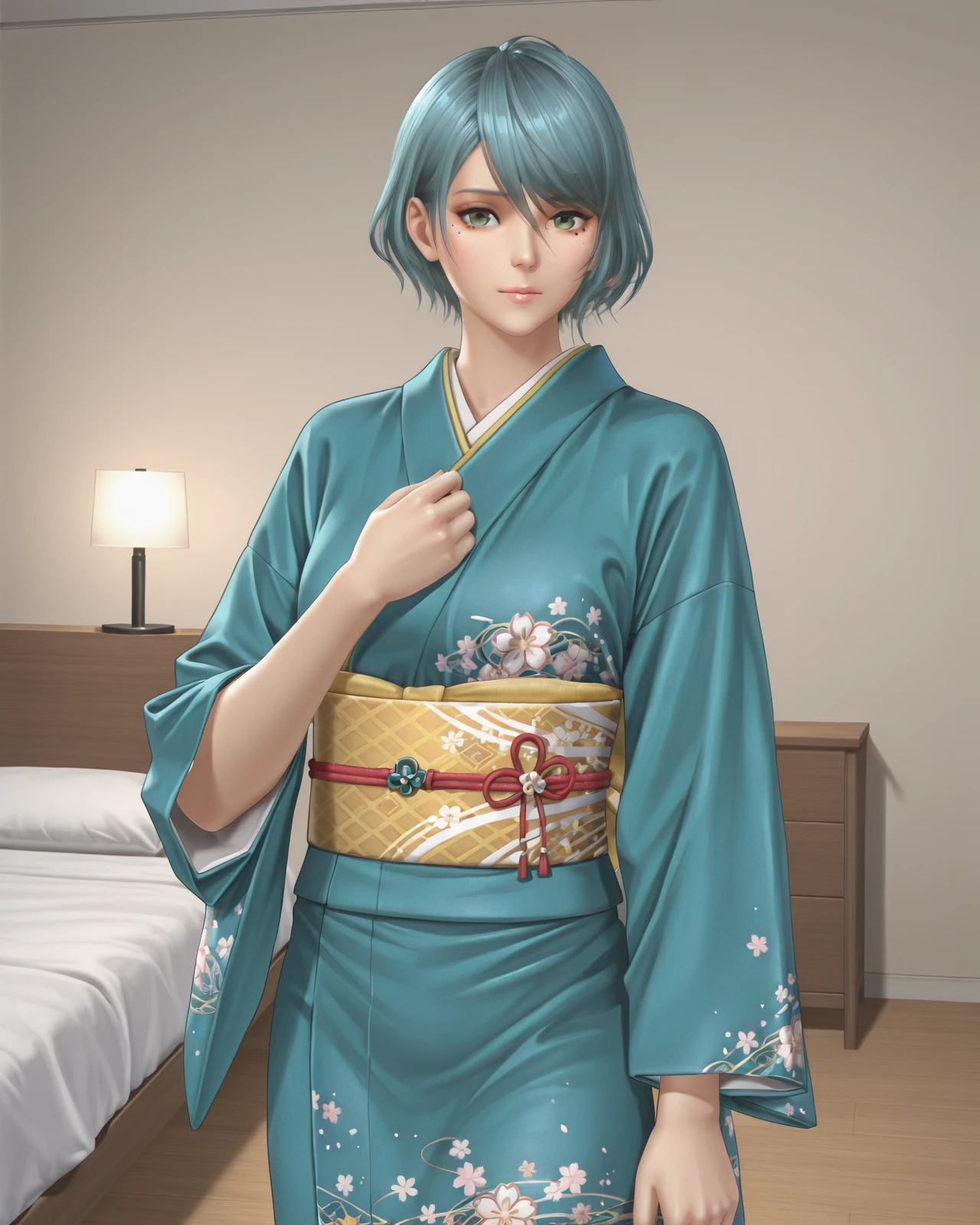 tamaki \(doa vv\),aqua hair,short hair,green eyes,mole under eye,cowboy shot,kimono,bedroom,