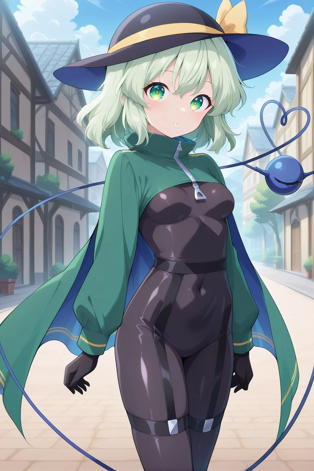 absurdres, highres, masterpiece, best quality, amazing quality, official anime artwork, screencap, anime screencap, outdoors, looking at viewer, day, dynamic pose, standing,
 <lora:Rock_N_Rock_N_Beat_Illustrious:1> rocknbeat-cosplay, alternate costume, green cape, green cloak, long sleeves, two-sided cape, blue cape, black bodysuit, black gloves, zipper, black garters,
 <lora:Komeiji-Koishi_illustrious:1> komeiji koishi, 1girl, solo, third eye, eyeball, heart of string, green hair, green eyes,, black hat, hat bow, yellow bow,
