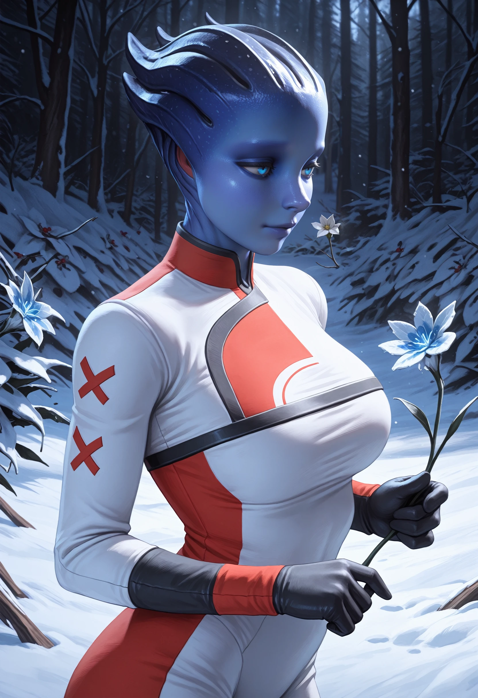 masterpiece, best quality, amazing quality, very aesthetic, absurdres, newest,
<lora:ILMEALexi:1.0>
MEALexi, 1girl, blue skin, blue eyes, alien, in winter,seasonal flower,seasonal background,flower background, posing