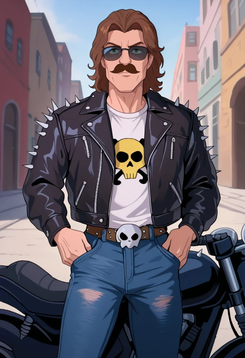 best quality, masterpiece, absurdres, newest, highly detailed, 
<lora:TMNT_1987_-_Cartoon_Screen_Captured_Style:1> 1987tmnt5tyl3,
1boy, brown hair, green eyes, male focus, black leather jacket with spikes, tshirt, denim jeans, sunglasses, cowboy shot, cool, facial hair, mustache, belt with skull buckle, outdoors, motorcycle,