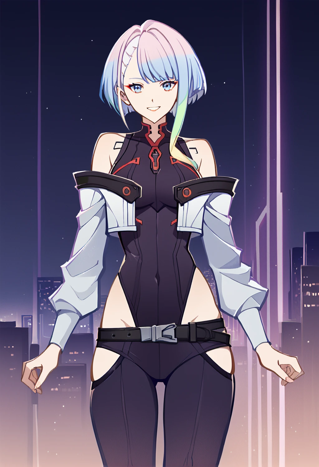 score_9_up, score_8_up, score_7_up, source_anime, zPDXL3_634798, <lora:GITCG:1> ((GI-TCG,)) <lora:cyberpunk-lucy-ponyxl-lora-nochekaiser:1> lucy, short hair, bangs, blue eyes, blue hair, multicolored hair, makeup, multicolored eyes, bare hips, bodysuit, jacket, leotard, monowire, off shoulder, off-shoulder jacket, open clothes, open jacket, skindentation, looking at viewer, dynamic pose, city, skyline, neon lights, smile, best quality, absurdres,