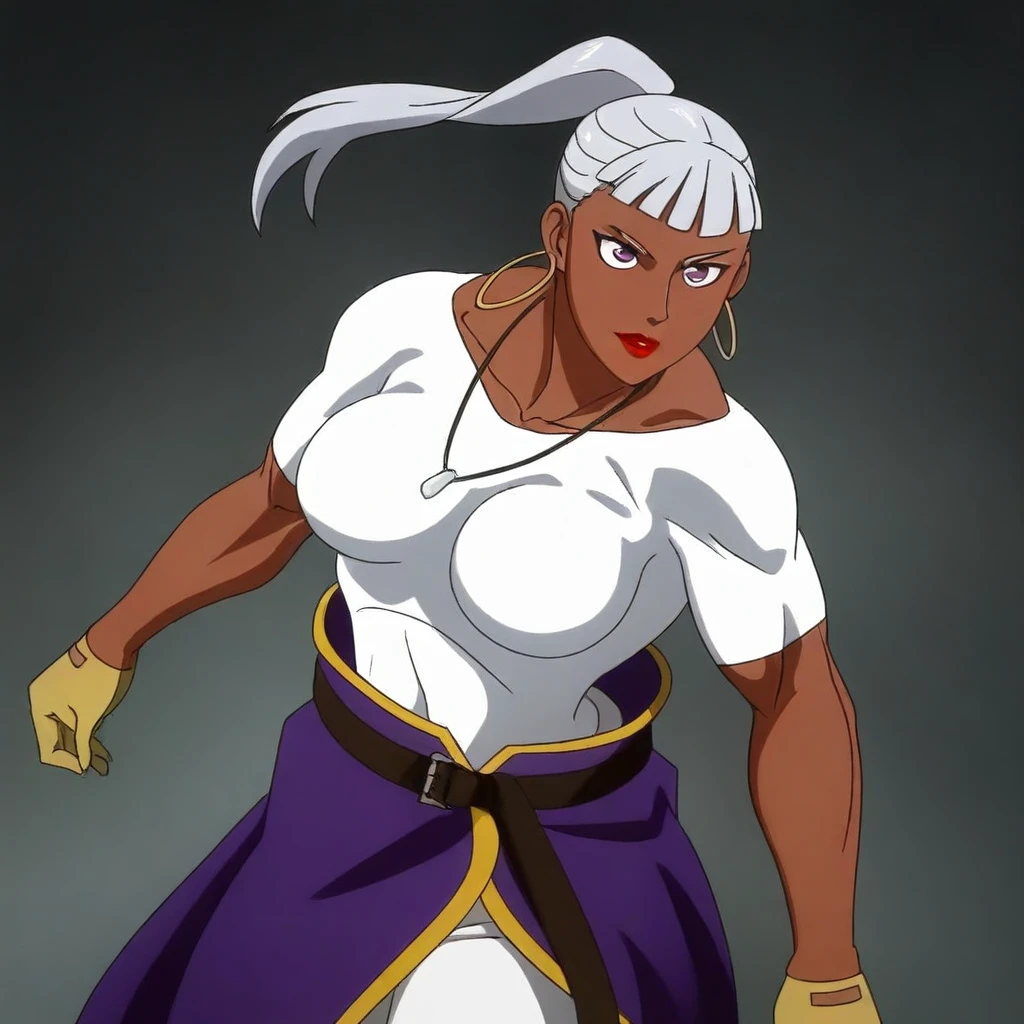 muscle girl,huge breats,personagem tem uma pele escura,, cabelo preto com um moicano branco, , The character is wearing green pants, imagem frontal de um personagem musculoso, protagonista de anime, personagem heroico e poderoso. wearing kimono,, walking, full body, medieval village, cape ,scarf, vest, alone, full body,wearing kimono smile, silver hair,smile, blush