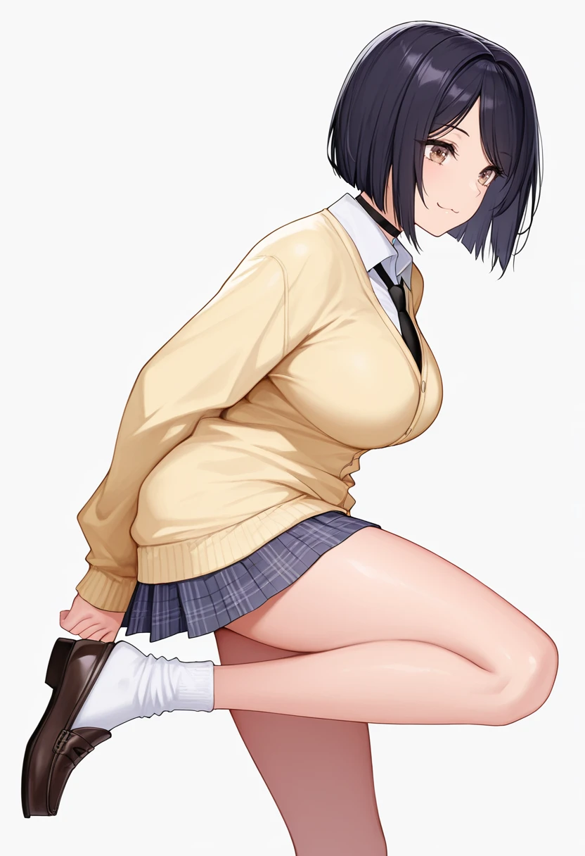 <lora:Fuchise_Sumire_CNR:0.8> sumire_cnr,black hair,short hair, bob cut, brown eyes, large breasts,school uniform,white shirt, collared shirt, black necktie,yellow cardigan, long sleeves, plaid skirt,white socks,black choker,black necktie, loafers, Smooth Quality,masterpiece,very intricate, high quality details, ultra realistic, high detailed skin,detailed enviorement,absurdres,, simple background, white background, from side,solo,
one leg extended forward, arms behind back, slight torso twist, weight on back foot ,, :3,