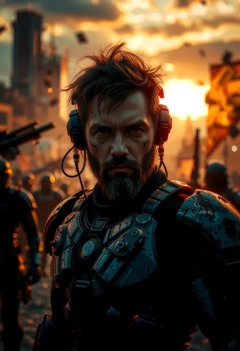 A futuristic battlefield reveals a captivating scene. YoungMoxie, a grizzled cyborg, stands amidst the chaos with his face clearly lit, his exosuit, now worn with battle damage, reflecting the setting sun's rays. The exosuit, a masterpiece of gothic design, enhances his muscular frame, its bulkiness conveying strength and resilience. YoungMoxie's presence, a fusion of human and machine, exudes determination and a sense of duty. This cinematic film still, with its retro arcade style, captures a moment of intense action, where his cybernetic enhancements and battle-worn armor leave viewers enthralled by the fusion of technology and warfare in this dystopian, futuristic world, <lora:flux_trainer/moxiePunk_v4S>