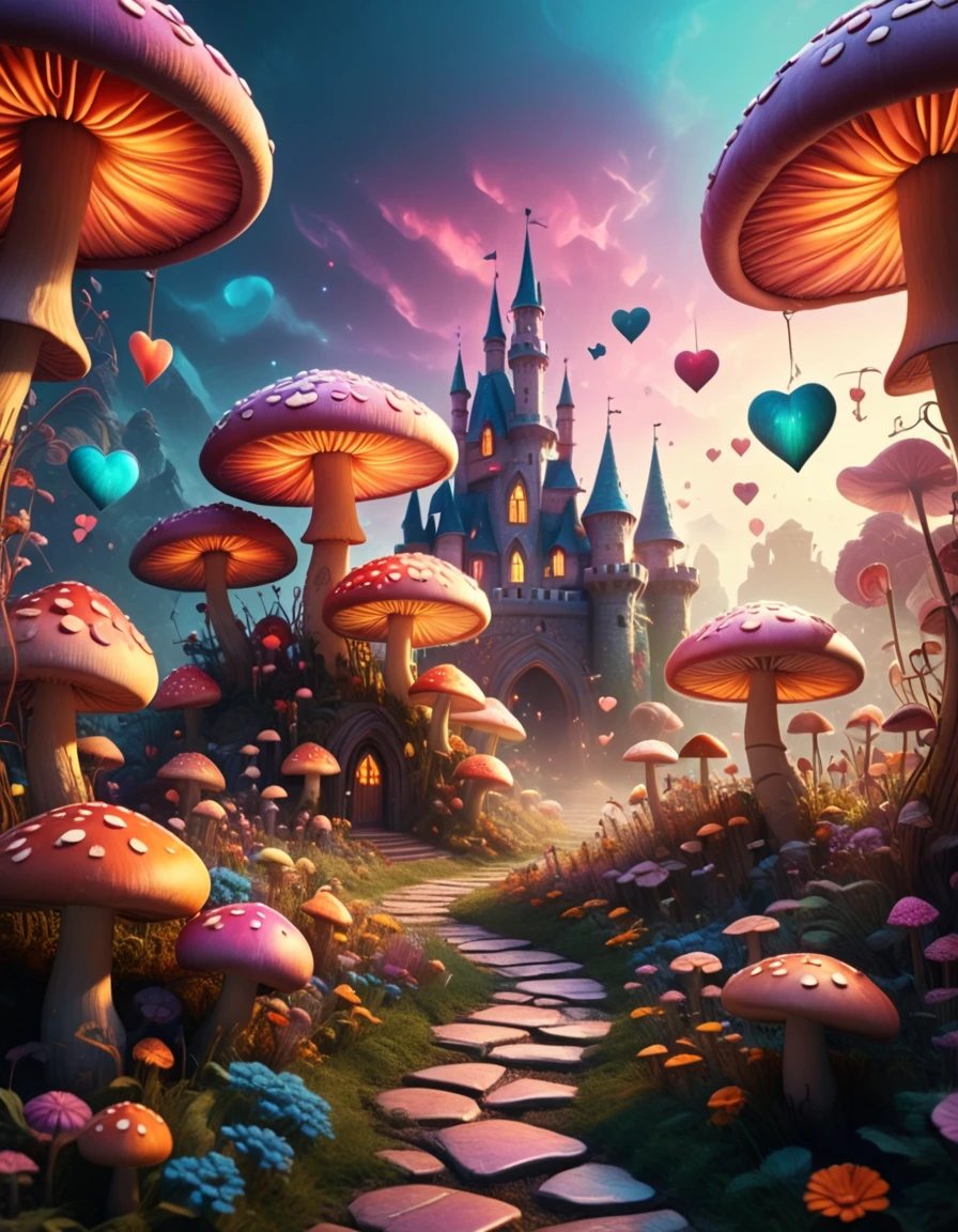 mesmerising, dreamy, ethereal, magical scene, castle of hearts, colorful, vibrant, mushrooms, magical, (smooth, dynamic lighting, superb quality, 4k) , alicestyle, (caterpillar:1.4), <lora:AliceInWonderlandStyleV1:1.5>