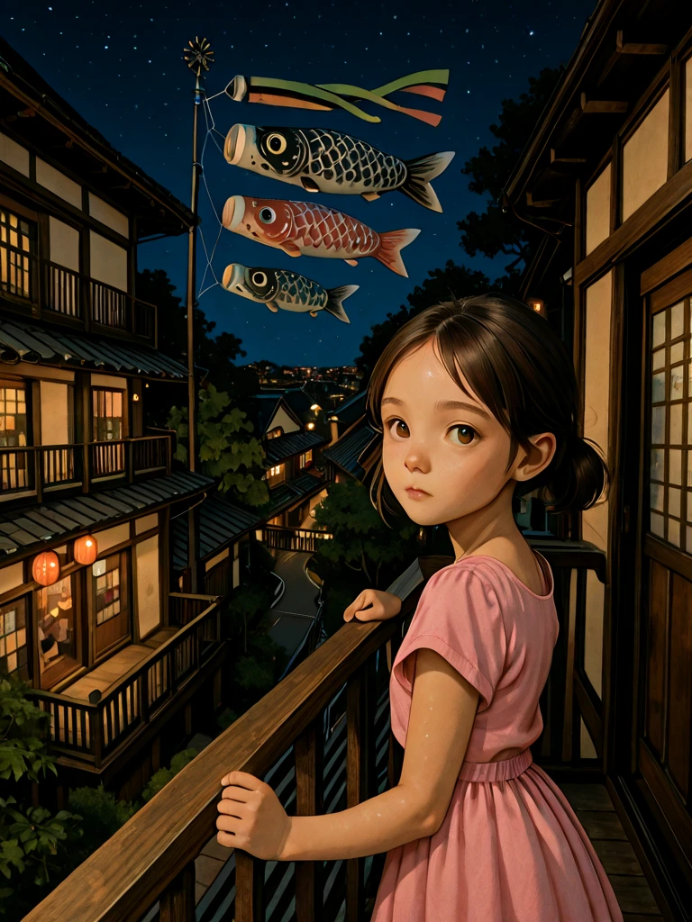 koinobori, windsock, kodomo no hi, 1girl, child, aged down, pink dress, sky focus, looking back, leaning forward, from side, overlooking, balcony, wooden railing, against railing, cityscape, tree, scenery, japanese architecture, city lights, busy street, night sky, from above, overhead view, aerial view, <lora:koinobori_ilxl:1>