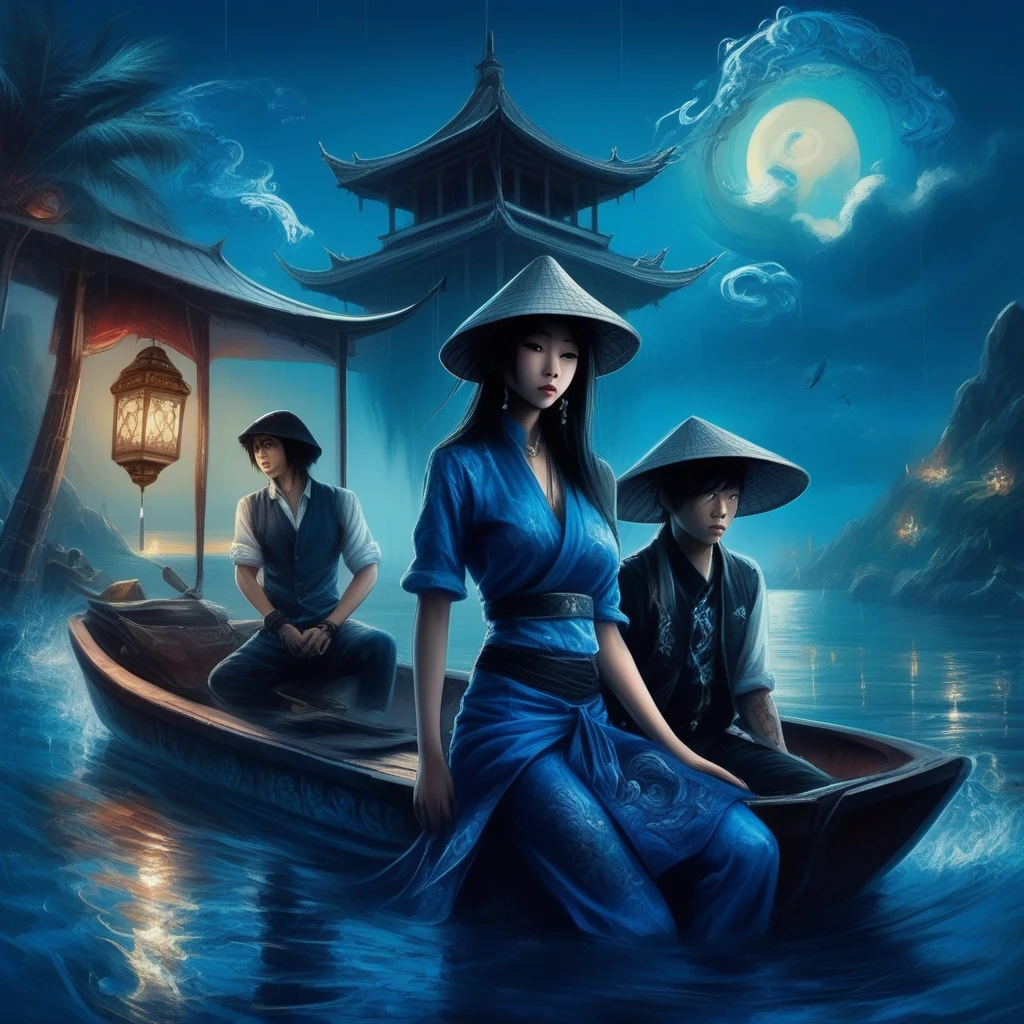 gauntlets, hands in pockets, watercraft, sun hat, hand on ground, lake, flying fish, father and son, blue bikini, gown, bowl, no humans, chinese clothes, horseback riding, rooftop, vietnamese dress, oversized animal, lamp, cup, strapless, tower, sarong, coconut tree, side cutout, hairclip, dark clouds, hat, surfboard, tank top, blue gemstone, waistcoat, veil, bead necklace, arm tattoo, black headwear, nose, wariza, black shirt, blue theme, pants, stained glass, dual wielding, serious, tears, railing, koi