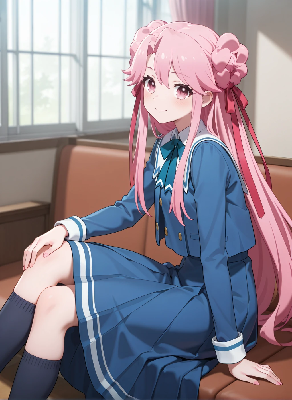 High quality,Ultra detailed,best quality,insanely detailed,beautiful,masterpiece,absurdres,very aesthetic,general BREAK
<lora:shirube_kagari_V1_NOOB:1>,(shirube kagari,pink hair, very long hair, hair bun,hair ribbon,pink eyes,school uniform,dress,kneehighs,jacket,long skirt),
1girl,solo,posing,
smile,sitting,indoors,looking at viewer,