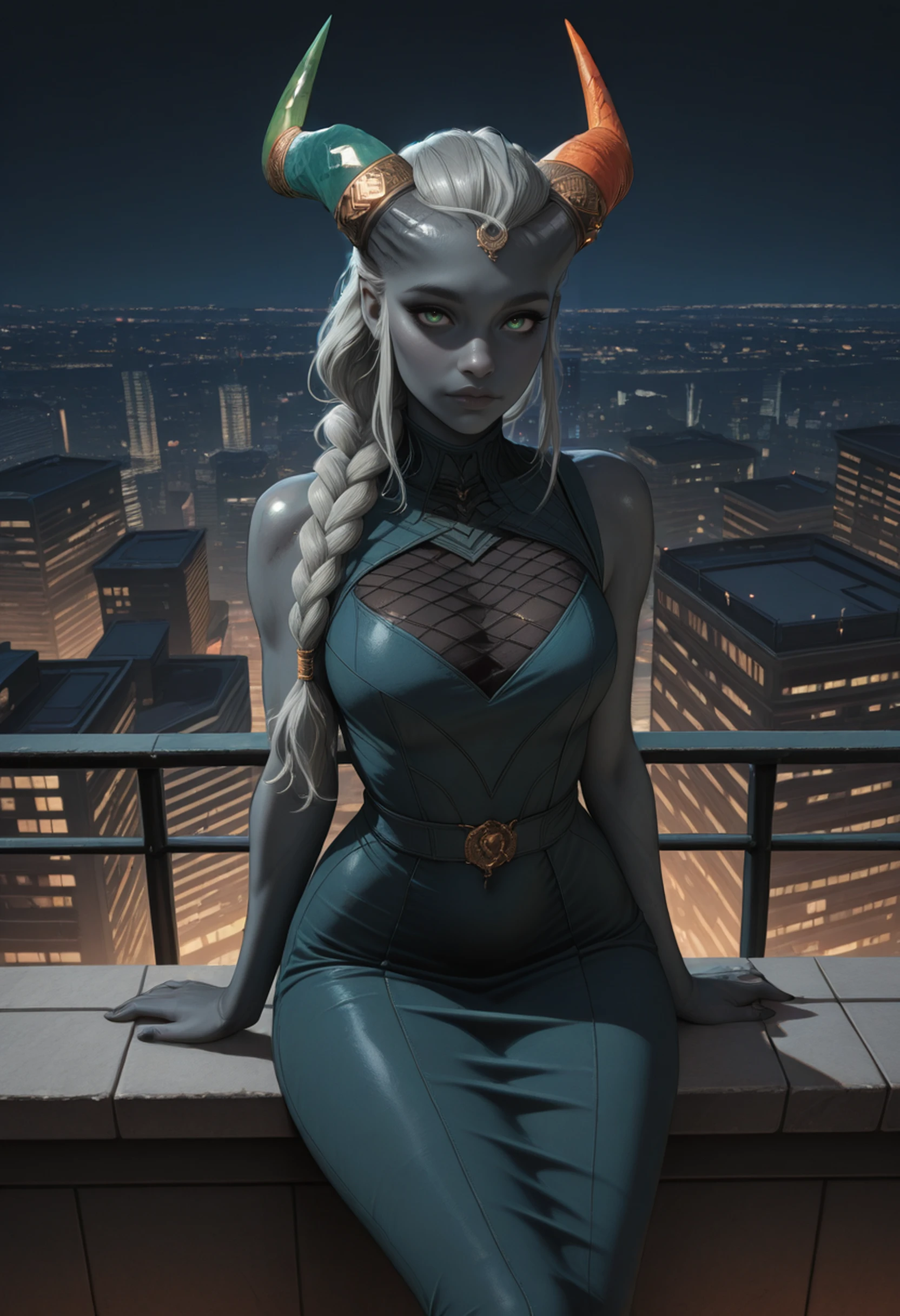 masterpiece, best quality, absurdres, highres, newest,
<lora:ILDVTaash:1.0>
DVTaash, 1girl, gray skin, long hair, gray hair, braid, green eyes, horns, looking at viewer, overlooking the city from a rooftop bar at night, tight dress, sitting