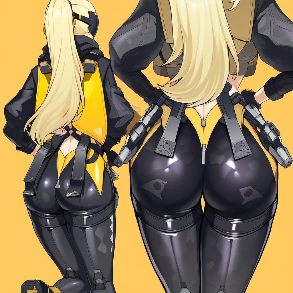 2girls, dark-skinned females, dark-skinned female, dark skin, white hair, long hair, very short hair, large breasts, breasts, wide hips, yellow eyes, smile, bodysuit, black bodysuit, white trim, sleeveless, black pantyhose, pantyhose, futuristic, tech, science-fiction, full body, ((full body)), from behind, ass, sneakers, wants to have sex