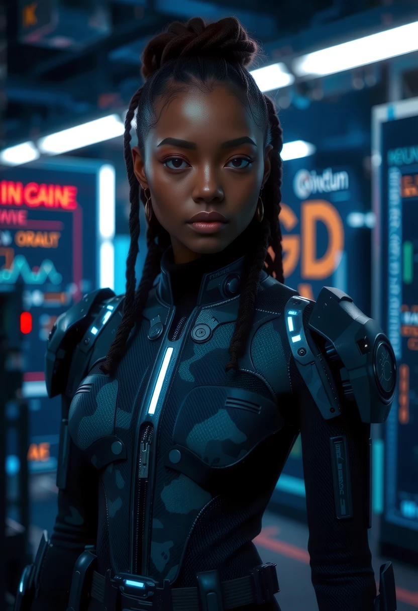 young biopunk evolution female (XX) black american, dark skin, brown eyes, character, Very thin build, extra long french twist brown hair, ,, wearing nanofiber jumpsuit, cybernetic Faintly glowing edge-lit tracks outlining ocular implants where synthetic skin fuses with cybernetic casings augments, Exoskeletal enhancements with armored plates, tactical camouflage pattern, military-grade aesthetic mechanical_arms, legs, arms and mechanical_legs, set in Quantum Machine Learning Center, Space with quantum neural networks, data analytics tools, and a team exploring the intersection of quantum computing and AI , at night, , with gothic style <lora:flux_trainer/moxiePunk_v4S>