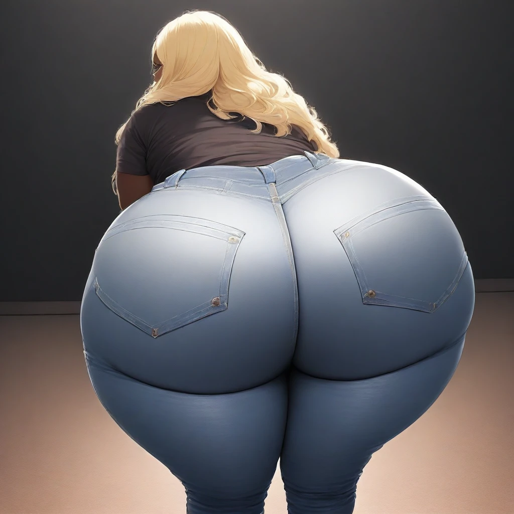 (masterpiece, highest quality, beautiful, beautiful, perfection, Complex, exquisite:1.2), (((lean forward)))), ((1 female, alone))),(((head to toe images),((full body image)),(Take-up:1.5), (huge ass:1.5), (thick thighs:1.5), (wide hips:1.5),(((dark mahogany skin))),(((pale blonde hair))), (((Mullet))),((wet oily skin)),((plump lips)), very sexy, sensual and seductive,long tight skirt,high heels, Glasses,blush,eye shadow