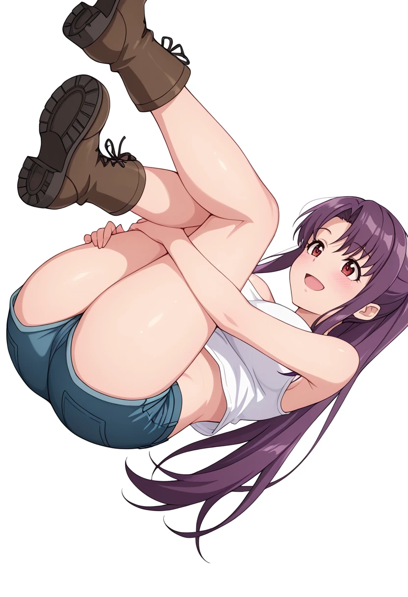 score_9, score_8_up, score_7_up, by bosshi, anime screencap BREAK source_anime, rating:explicit, 1girl, hilda \(pokemon\), brown hair, ponytail, cap, seductive smile, half-closed eyes, blush, adult, mature, BREAK solo, sitting, from below, barefoot, (foot focus:1.2), pink nails, large breasts, white tube top, underboob, strapless, sleeveless, red thong , wedgie, cameltoe, partially visible vulva, pussy peek, sweat, BREAK white background, simple background, dynamic pose, dynamic angle, angled shot, shiny skin