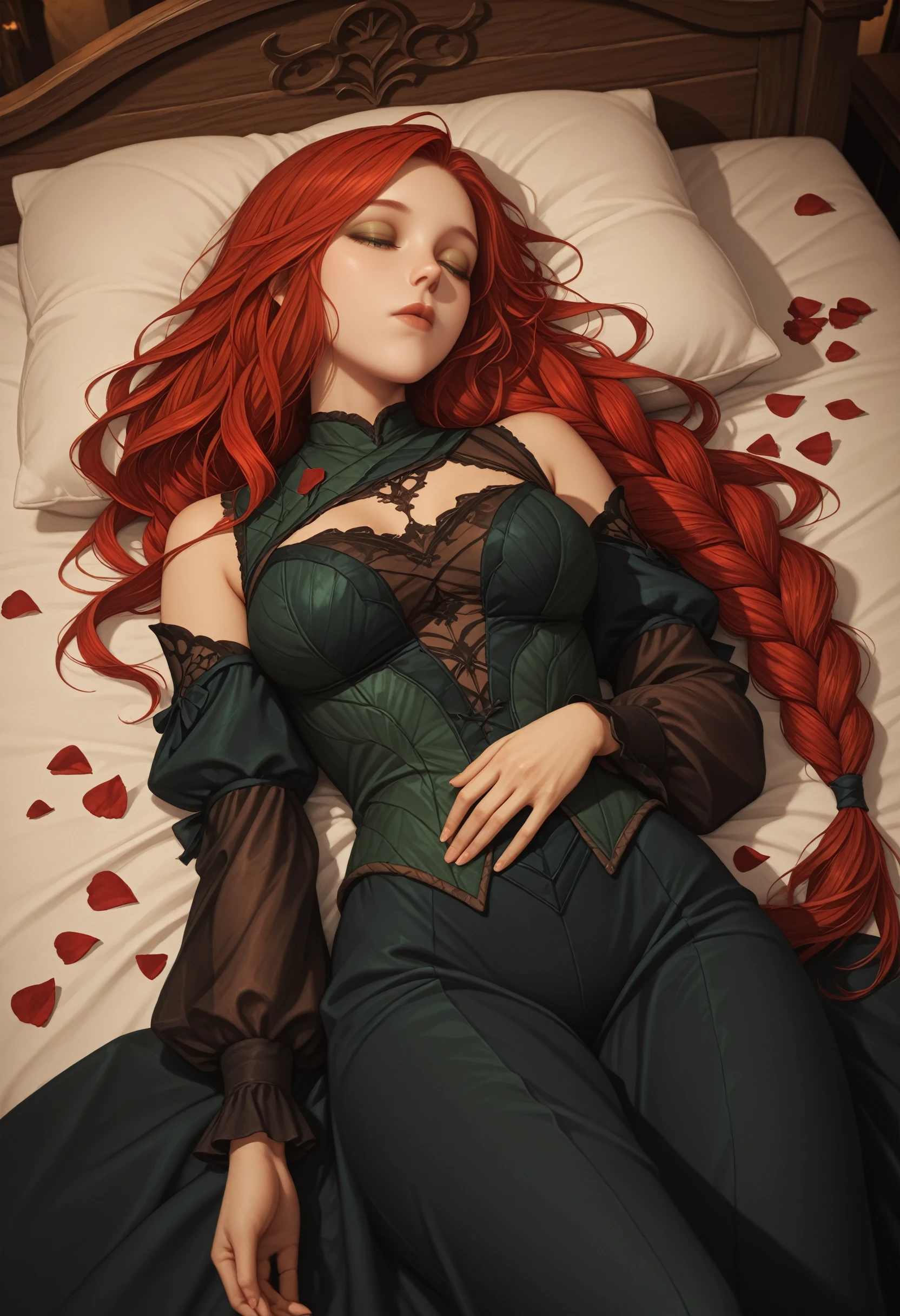 The Sleeping Woman, Realistic, She is dressed in pajamas, red hair color, parallax, Ultra Hyper Mega Contrast, sleeps on a chic bed, covered with rose petals, tmasterpiece, Winner of the photo contest, Beautiful lighting, Bioluminescent pollen in the air, Aestheticism, perfectionism, Jugendstil,