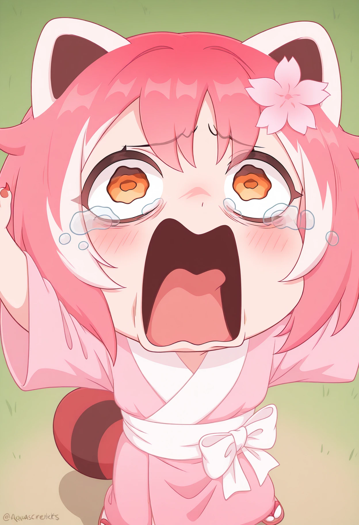masterpiece, best quality, amazing quality, very aesthetic, high resolution, very awa, solo
Pnd-S@kura-vkstickrs, girl, pink-red panda tail, short pink hair, traditional light pink kimono, white belt, orange eyes, red claws, cherry blossom flower in hair, chibi, aquascreaming, screaming, open mouth, crying with eyes open<lora:meme_aquascreaming_illustriousXL:1>
<lora:Pnd-S@kura-vkstickrs_il:0.9>