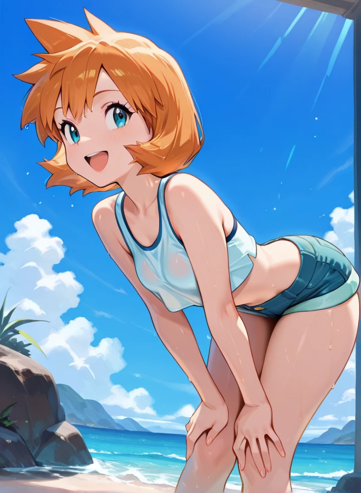 Highest quality, masterpiece, Ultra-high resolution, (Realistic:1.4), RAW Photos, Intricate details, Big beautiful eyes, Perfect contours, masterpiece, One Girl, ((Junior high school student)), Braided Bob, (aerial view:2), (perky breasts:1.5, high breasts:1.5), (curvy waist:1.5), Competitive swimmer, (one piece:1.5, turtleneck,Sleeveless swimsuit, Sandals), ((Ruby red swimsuit:1.5)), tight high leg swimsuit:1.4, ((shoot from behind:2, looking away:2)), Portraiture, ((Standing on the edge of a cliff:1.5, Hesitant to jump:1.5, Incredibly high sheer cliffs:1.5, Stand at the highest point overlooking the surrounding area, peer down the cliff:1.5)), (Anxious expression、His mouth is twitching with fear), Wet Skin, (Underarm)