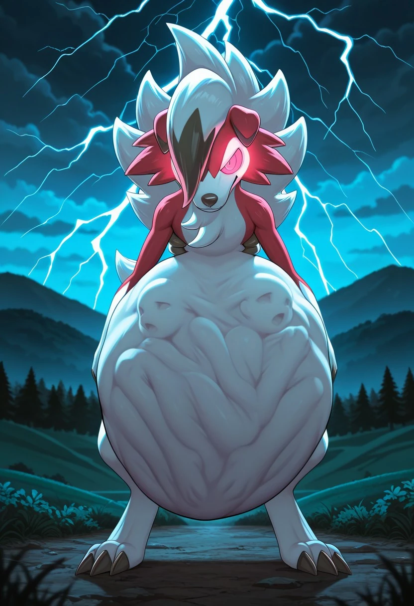 body_imprint, pokemon, midnight lycanroc, hill, standing, looking at viewer, night, storm, lightning, depth of field, detailed background, masterpiece, best quality, high quality, absurdres, highres, incredibly absurdres, newest, amazing quality, (human prey, male prey, human:1.3)